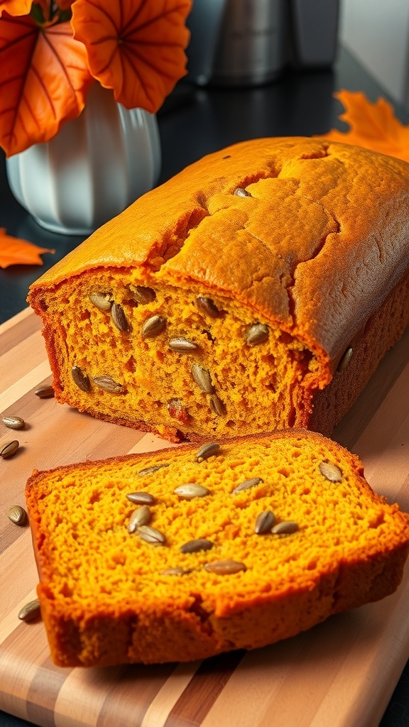 Eggless Pumpkin Bread Recipe A loaf of golden brown pumpkin bread on a cutting board with a slice cut out, surrounded by autumn leaves.